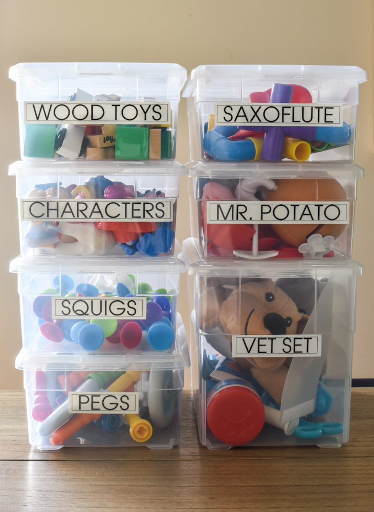 toys organized in clear storage bins