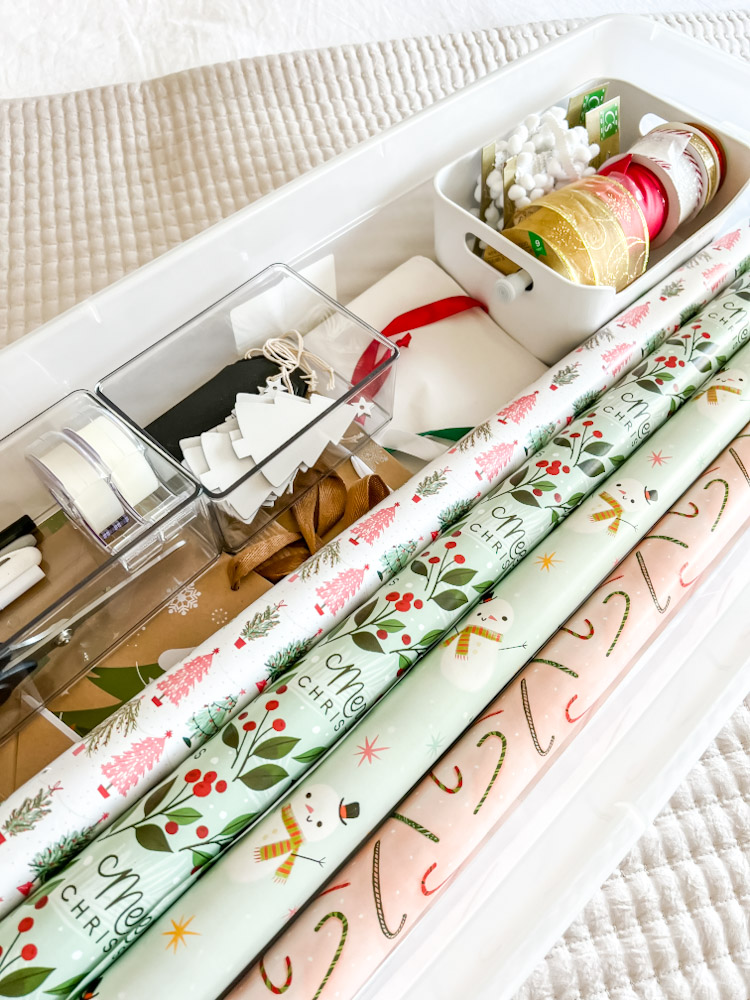 organized christmas wrapping paper bin