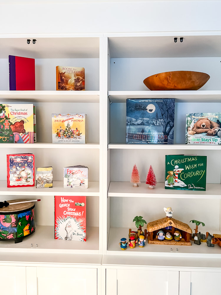 shelves with christmas books
